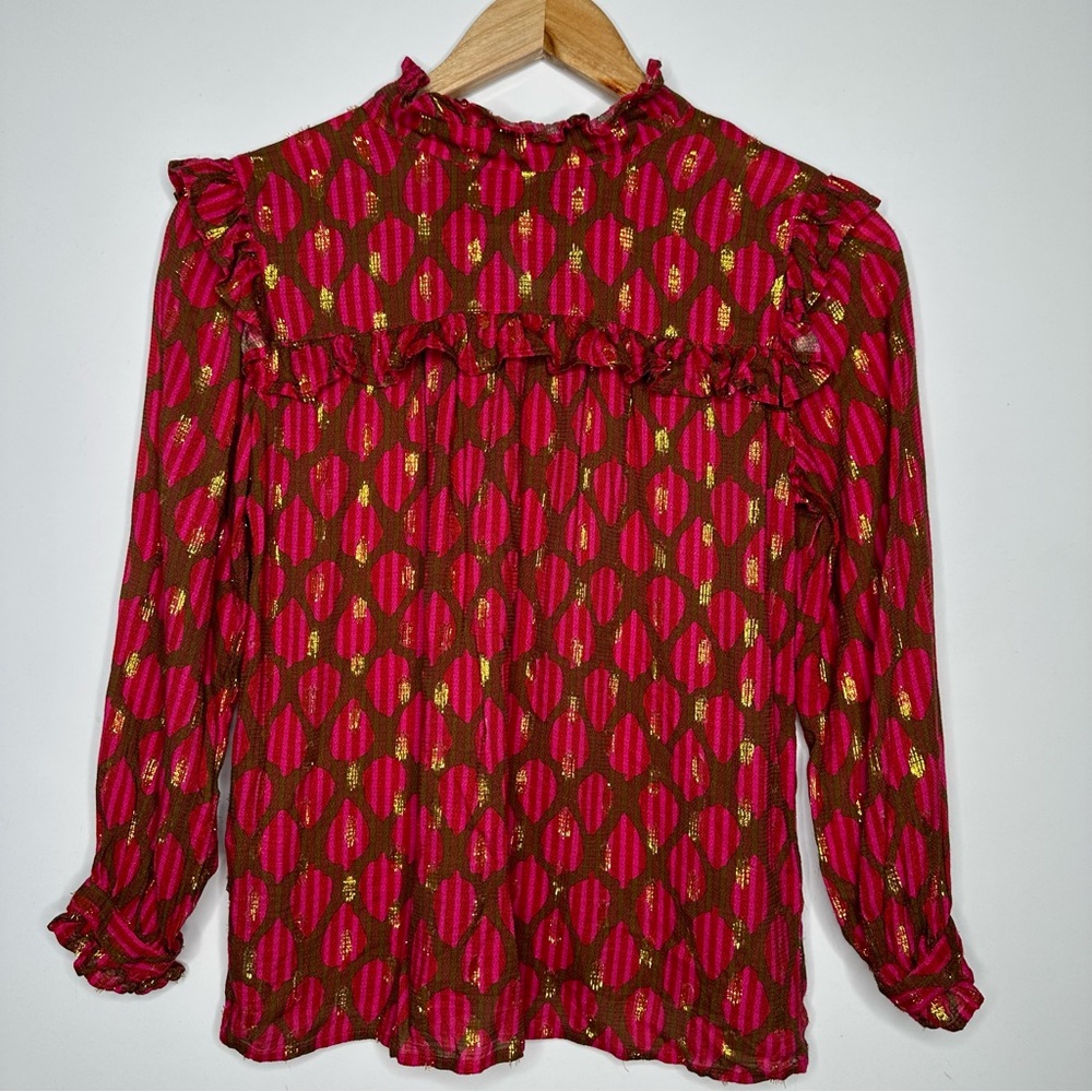 OLIPHANT Ruffle Neck Long Sleeve Metallic Blouse Size XS
